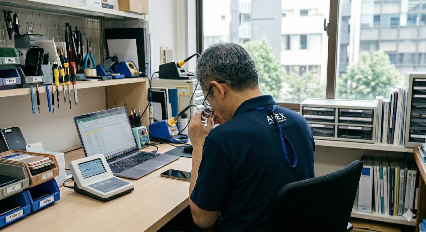 修理技術のあるスタッフが iPhone を査定する様子