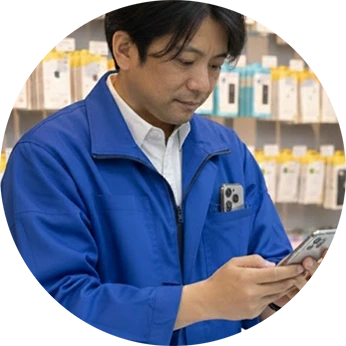 スマートフォンの状態を確認する査定担当者
